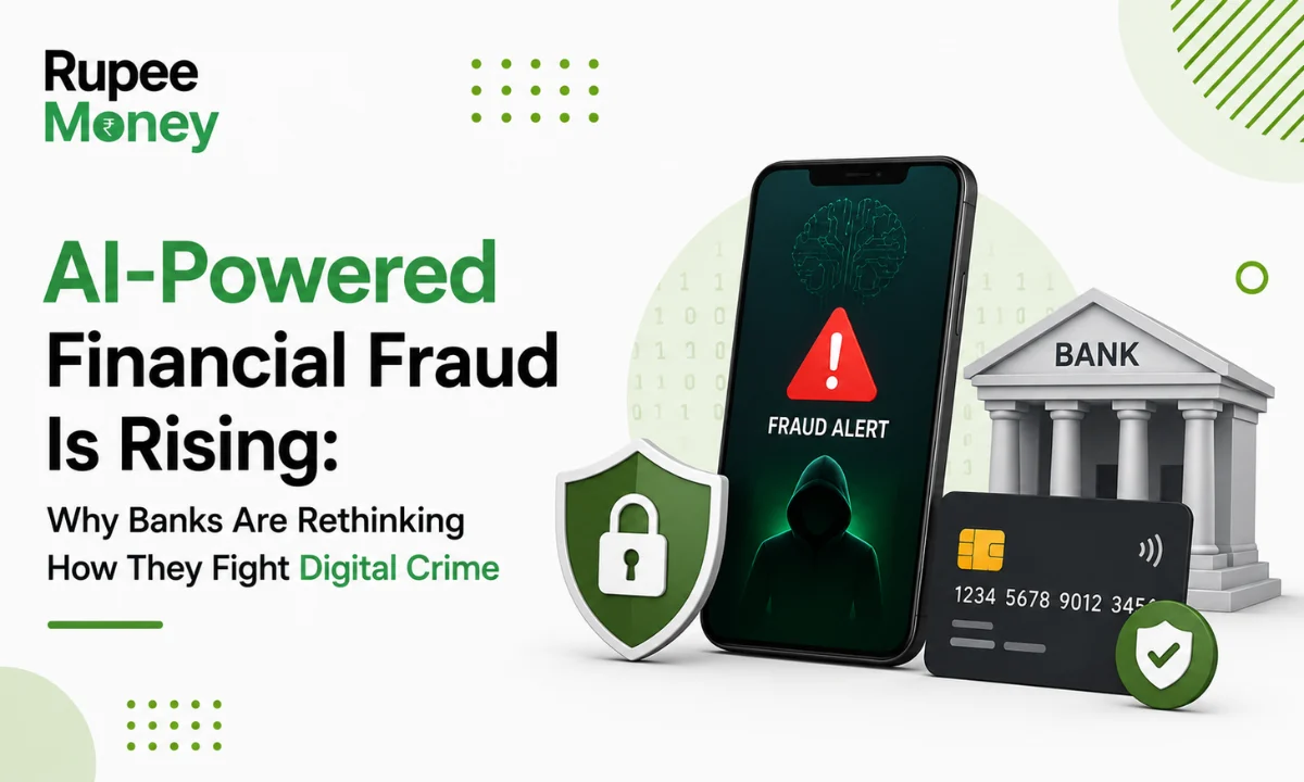 AI-Powered Financial Fraud Is Rising illustration featuring a fraud alert on a smartphone, cybersecurity shield, hacker silhouette, bank building, payment card, and the RupeeMoney logo, highlighting the growing threat of AI-driven financial fraud in India.