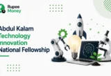 Illustration of the Abdul Kalam Technology Innovation National Fellowship featuring the RupeeMoney logo, innovation-themed graphics, robotics, research equipment, a rocket, laptop, and technology icons representing scientific research, engineering, and innovation in India.