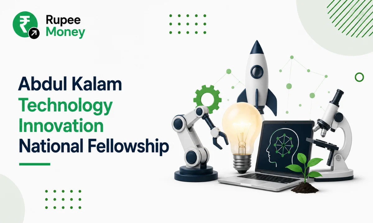 Illustration of the Abdul Kalam Technology Innovation National Fellowship featuring the RupeeMoney logo, innovation-themed graphics, robotics, research equipment, a rocket, laptop, and technology icons representing scientific research, engineering, and innovation in India.