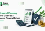Financial Planning guide infographic illustrating budgeting, savings, investment planning, insurance, wealth creation, and long-term financial security with financial growth charts, calculator, checklist, and Rupee Money branding.