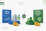 Comparison illustration of Fresh Issue vs Offer for Sale (OFS) in an IPO, featuring company buildings, investor icons, rupee coins, financial charts, and the RupeeMoney logo, explaining the key differences between Fresh Issue and OFS in the stock market.