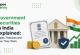 Government Securities in India explained illustration featuring a government bond certificate, Indian Parliament-style government building, Indian flag, rupee coins, and security shield, representing G-Secs, treasury bills, and sovereign investment options.