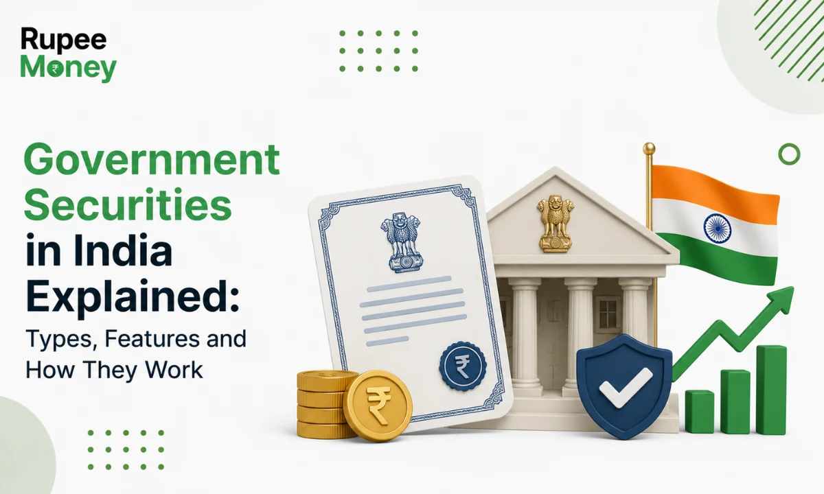 Government Securities in India explained illustration featuring a government bond certificate, Indian Parliament-style government building, Indian flag, rupee coins, and security shield, representing G-Secs, treasury bills, and sovereign investment options.