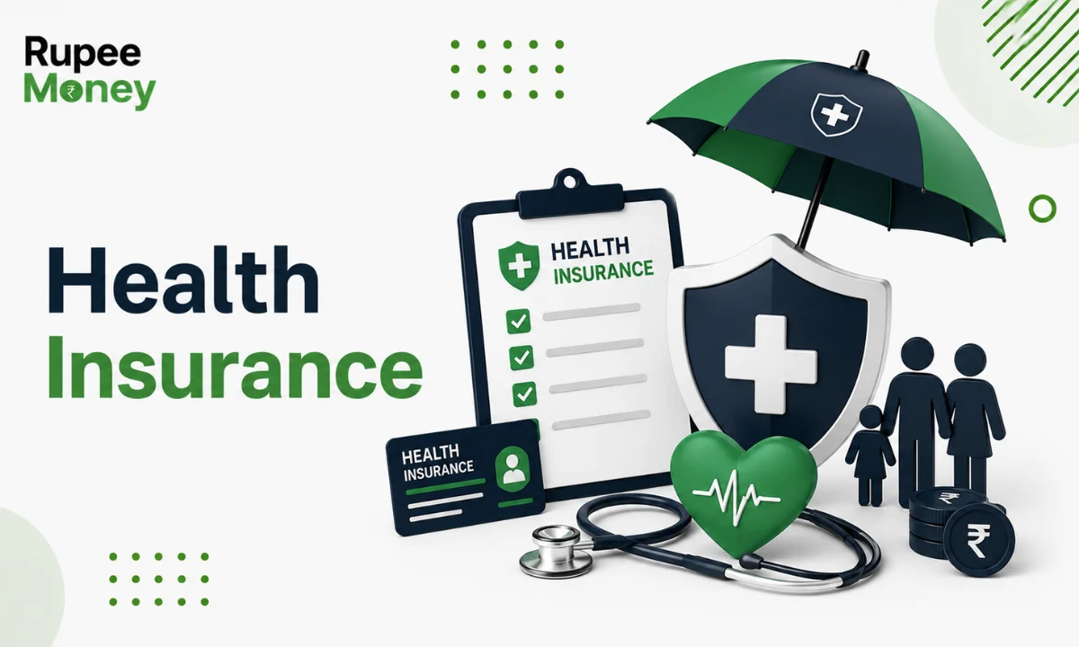 Health Insurance illustration featuring a medical shield, family protection icons, stethoscope, heart, insurance policy checklist, and healthcare coverage symbols for Indian policyholders.