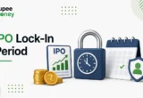 Illustration explaining the IPO Lock-In Period, featuring an IPO certificate, padlock with clock, calendar, rupee coins, investor protection shield, and the RupeeMoney logo, representing share holding restrictions after an IPO allotment.