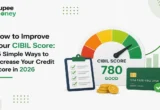 How to Improve Your CIBIL Score illustration featuring a CIBIL score meter, credit score dashboard, checklist, credit card, rupee coins, financial growth chart, and the RupeeMoney logo, explaining practical ways to improve credit score in India.