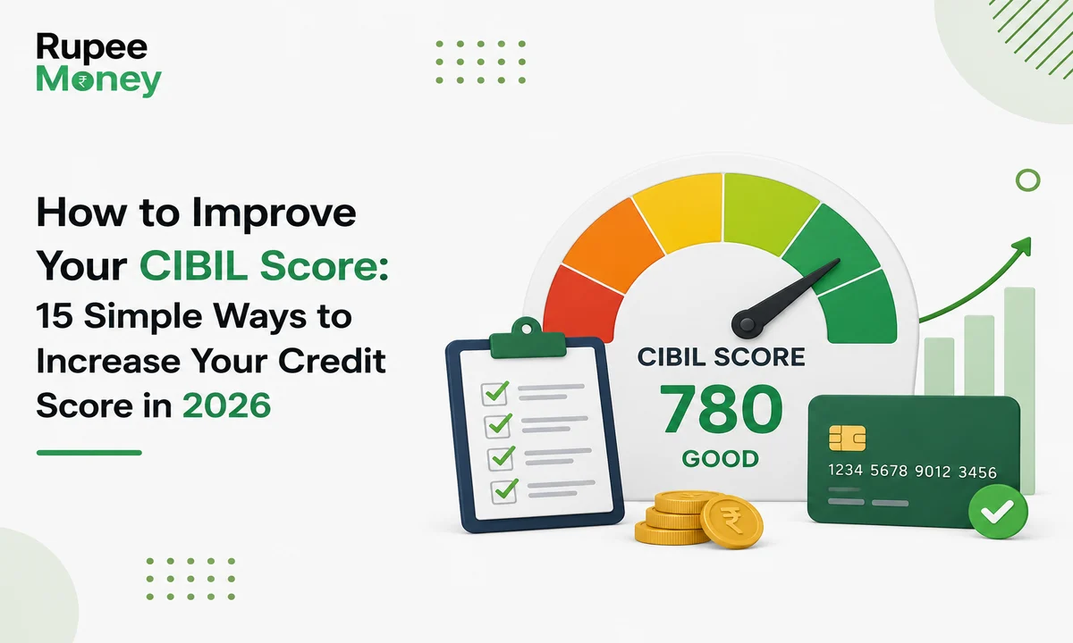 How to Improve Your CIBIL Score illustration featuring a CIBIL score meter, credit score dashboard, checklist, credit card, rupee coins, financial growth chart, and the RupeeMoney logo, explaining practical ways to improve credit score in India.
