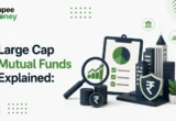 Large Cap Mutual Funds explained illustration featuring high-market-cap company buildings, investment portfolio, financial growth chart, magnifying glass, rupee coins, and security shield, representing stable mutual fund investments in India.