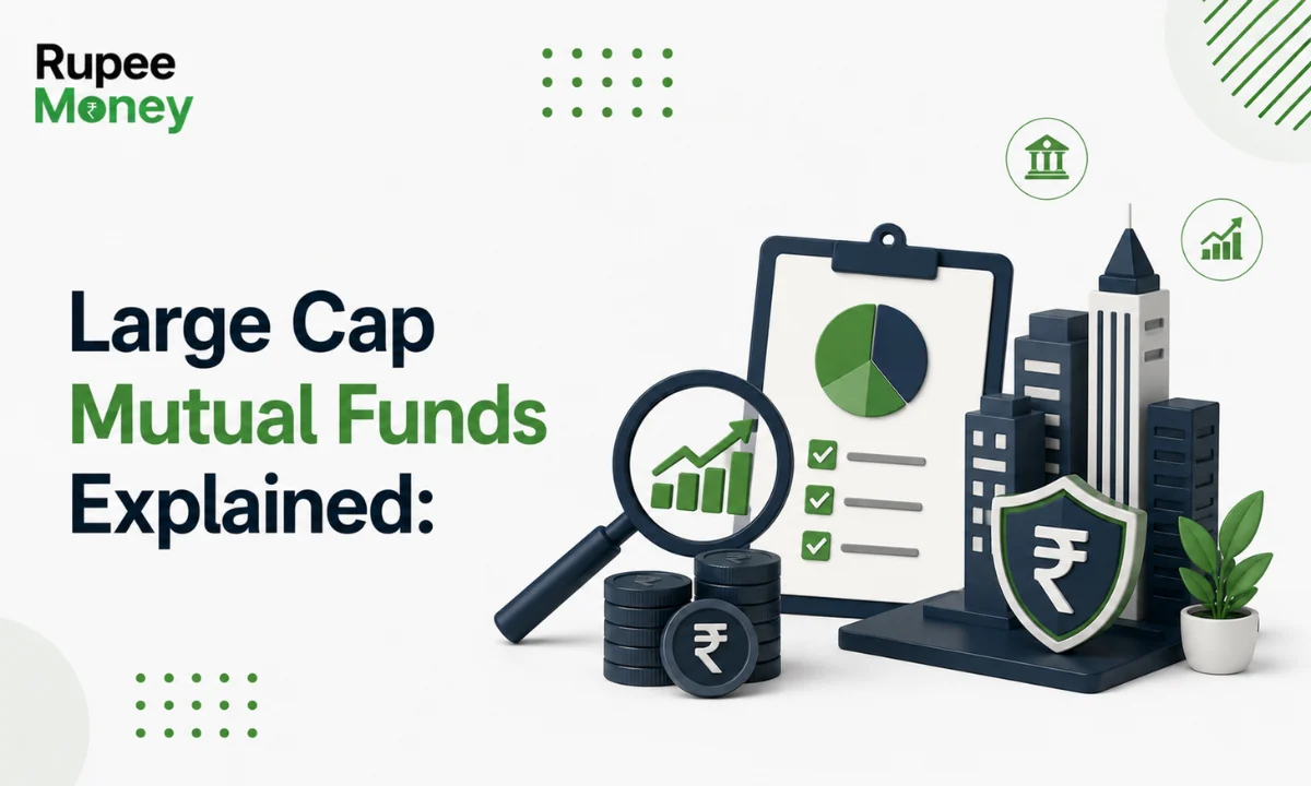 Large Cap Mutual Funds explained illustration featuring high-market-cap company buildings, investment portfolio, financial growth chart, magnifying glass, rupee coins, and security shield, representing stable mutual fund investments in India.