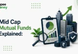 Mid Cap Mutual Funds visual featuring emerging Indian businesses, a diversified investment portfolio , ascending market indicators, rupee currency symbols, an investment analysis lens, and protective financial elements, highlighting long-term wealth creation through medium-cap equity investments.