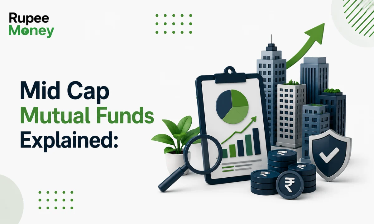Mid Cap Mutual Funds visual featuring emerging Indian businesses, a diversified investment portfolio , ascending market indicators, rupee currency symbols, an investment analysis lens, and protective financial elements, highlighting long-term wealth creation through medium-cap equity investments.