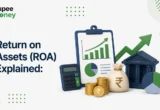 Return on Assets (ROA) explained illustration featuring financial charts, calculator, bank building, rupee coins, money bag, and performance graphs, representing asset efficiency and business profitability.
