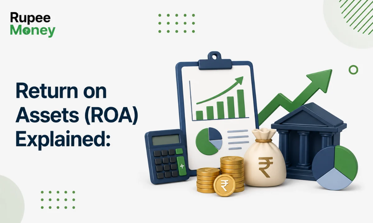 Return on Assets (ROA) explained illustration featuring financial charts, calculator, bank building, rupee coins, money bag, and performance graphs, representing asset efficiency and business profitability.