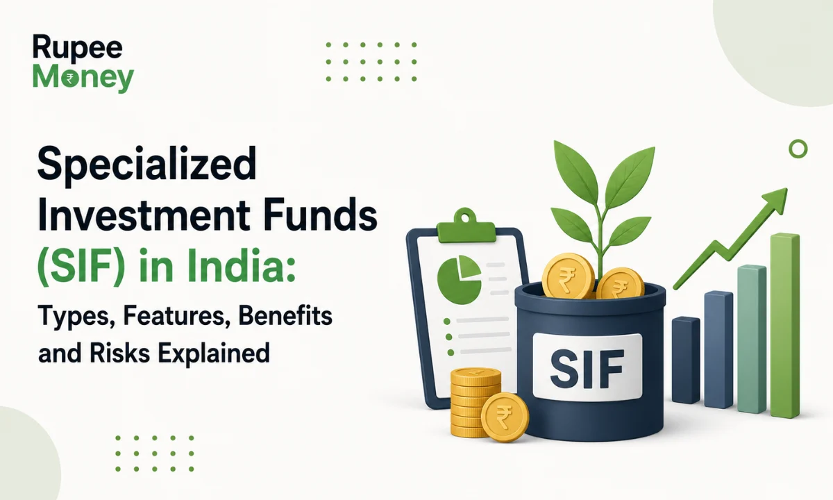 Specialized Investment Funds (SIF) in India illustration featuring an SIF investment fund container, portfolio analysis clipboard, rupee coins, financial growth chart, and investment plant, explaining the types, features, benefits, and risks of Specialized Investment Funds in India.