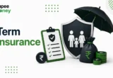 Term Insurance illustration featuring a family protection shield, umbrella, insurance policy checklist, rupee coins, and financial security symbols, representing life insurance coverage and financial protection in India.