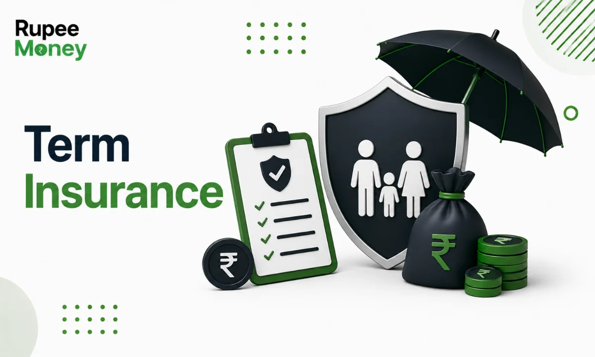 Term Insurance illustration featuring a family protection shield, umbrella, insurance policy checklist, rupee coins, and financial security symbols, representing life insurance coverage and financial protection in India.