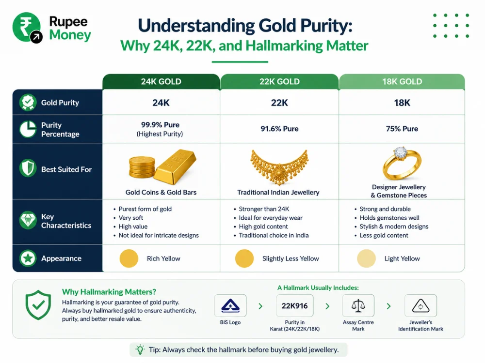 Gold purity comparison chart showing 24K, 22K, and 18K gold with hallmarking details, purity percentages, common uses, and key differences for gold jewellery and investment in India.