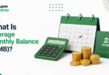 Average Monthly Balance (AMB) infographic featuring a calculator, bank passbook, calendar, and rupee coins to explain the concept of minimum average monthly balance in a savings bank account.
