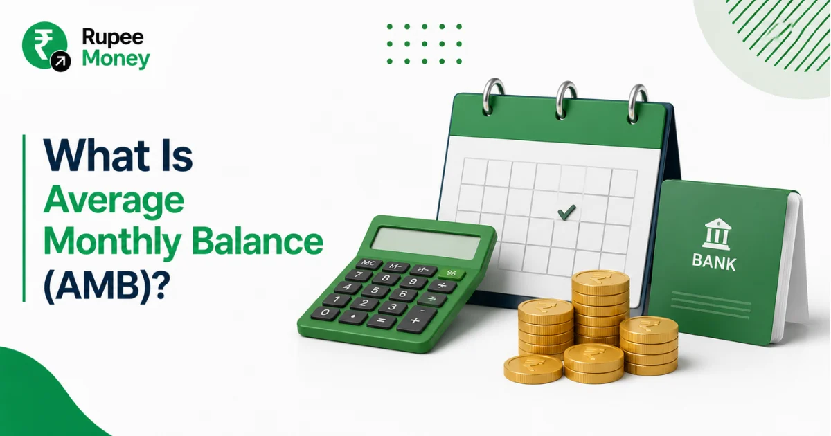 Average Monthly Balance (AMB) infographic featuring a calculator, bank passbook, calendar, and rupee coins to explain the concept of minimum average monthly balance in a savings bank account.