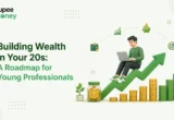SEO-Optimized Alt Text Building Wealth in Your 20s: A Roadmap for Young Professionals illustration featuring a young investor using a laptop, upward financial growth arrow, savings jar, growing coin stacks, investment icons, and the RupeeMoney logo, representing long-term wealth creation. SEO-Optimized Short Description This copyright-free featured image illustrates Building Wealth in Your 20s: A Roadmap for Young Professionals, highlighting the importance of starting early with smart financial planning and investing. The design features a young professional working on a laptop, an upward growth arrow, a savings jar, growing coin stacks, and investment icons representing saving, investing, financial goals, and wealth creation. It is ideal for articles explaining personal finance, budgeting, investing in your 20s, SIPs, long-term wealth creation, financial independence, and money management for young professionals in India. The clean, modern design is optimized for finance blogs, SEO, and educational content.