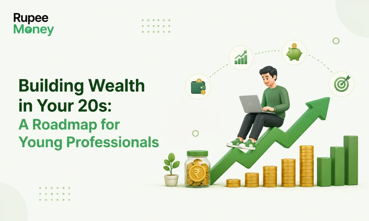 SEO-Optimized Alt Text Building Wealth in Your 20s: A Roadmap for Young Professionals illustration featuring a young investor using a laptop, upward financial growth arrow, savings jar, growing coin stacks, investment icons, and the RupeeMoney logo, representing long-term wealth creation. SEO-Optimized Short Description This copyright-free featured image illustrates Building Wealth in Your 20s: A Roadmap for Young Professionals, highlighting the importance of starting early with smart financial planning and investing. The design features a young professional working on a laptop, an upward growth arrow, a savings jar, growing coin stacks, and investment icons representing saving, investing, financial goals, and wealth creation. It is ideal for articles explaining personal finance, budgeting, investing in your 20s, SIPs, long-term wealth creation, financial independence, and money management for young professionals in India. The clean, modern design is optimized for finance blogs, SEO, and educational content.