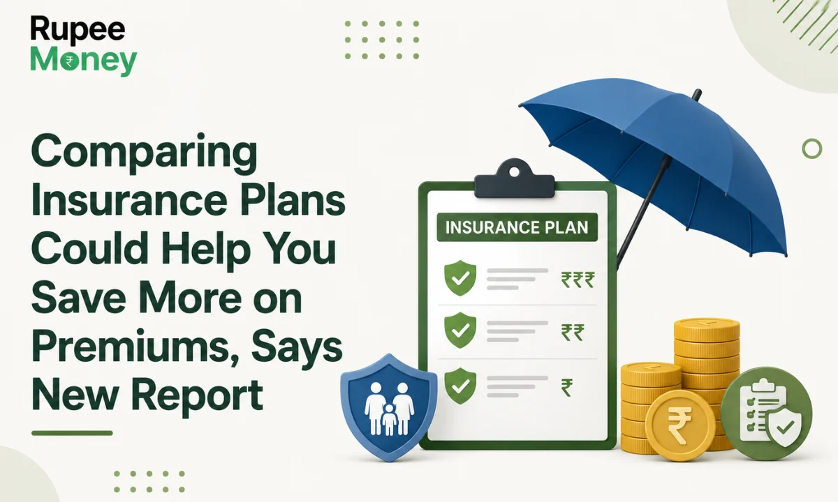 Comparing Insurance Plans Could Help You Save More on Premiums illustration featuring an insurance policy checklist, protective umbrella, family insurance shield, rupee coins, and the RupeeMoney logo, highlighting the benefits of comparing insurance plans before purchasing coverage.