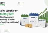 Daily, Weekly or Monthly SIP comparison illustration showing investment calendars, rupee coins, upward growth chart, and the RupeeMoney logo, explaining which SIP investment frequency is best for achieving long-term financial goals.