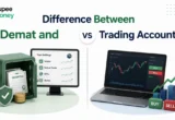 Infographic comparing a Demat Account and a Trading Account in India, showing digital securities storage, stock market trading, investment dashboard, buy and sell options, and portfolio management for investors.