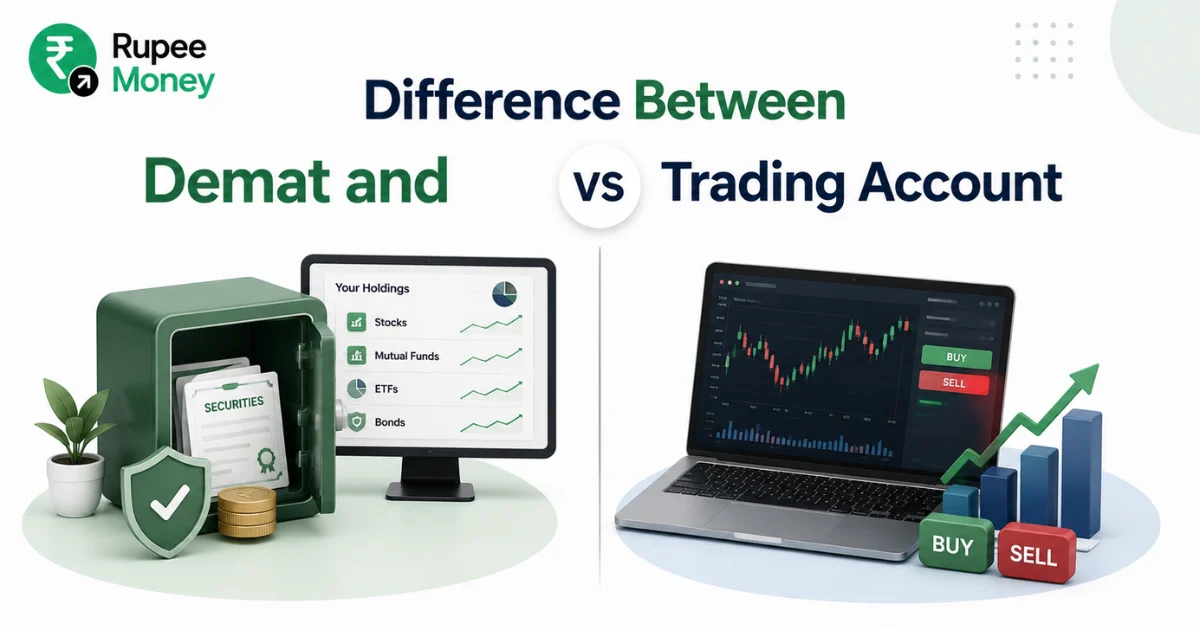 Infographic comparing a Demat Account and a Trading Account in India, showing digital securities storage, stock market trading, investment dashboard, buy and sell options, and portfolio management for investors.
