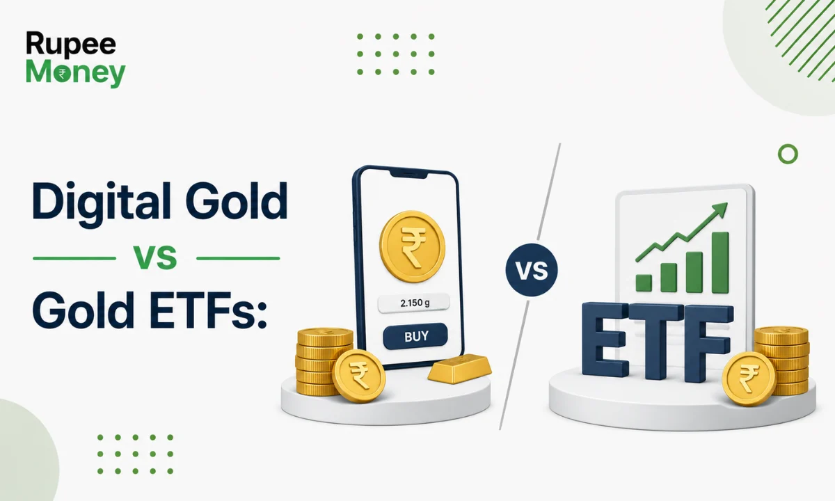 Digital Gold vs Gold ETFs comparison illustration showing a smartphone with digital gold investment and Gold ETF chart, helping Indian investors understand the differences between the two gold investment options.
