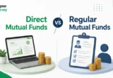 Illustration comparing Direct Mutual Funds vs Regular Mutual Funds with investment dashboards, advisor icons, and rupee coins, highlighting the differences in investment approach, costs, and fund management.