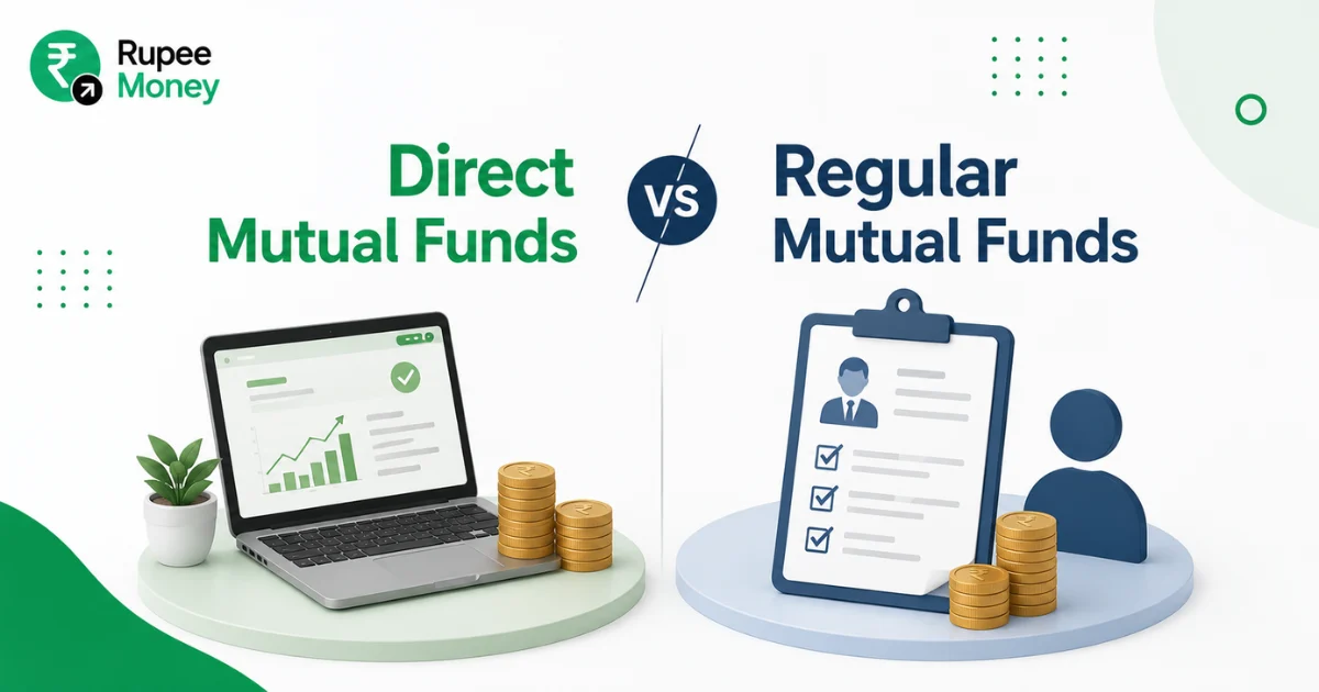 Illustration comparing Direct Mutual Funds vs Regular Mutual Funds with investment dashboards, advisor icons, and rupee coins, highlighting the differences in investment approach, costs, and fund management.