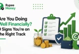 Financial wellness infographic illustrating 9 signs of good financial health, including savings, budgeting, investments, financial security, wealth growth, and goal-based planning with modern finance icons and charts.