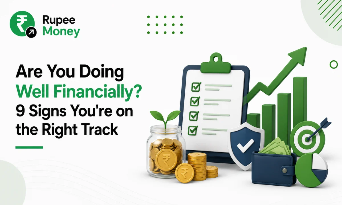 Financial wellness infographic illustrating 9 signs of good financial health, including savings, budgeting, investments, financial security, wealth growth, and goal-based planning with modern finance icons and charts.