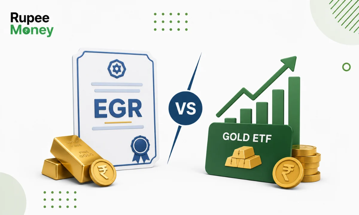 Illustration comparing Electronic Gold Receipts (EGR) and Gold ETFs, featuring gold bars, rupee coins, a Gold ETF card, growth chart, and the RupeeMoney logo, explaining the differences between EGR and Gold ETF investment options in India.