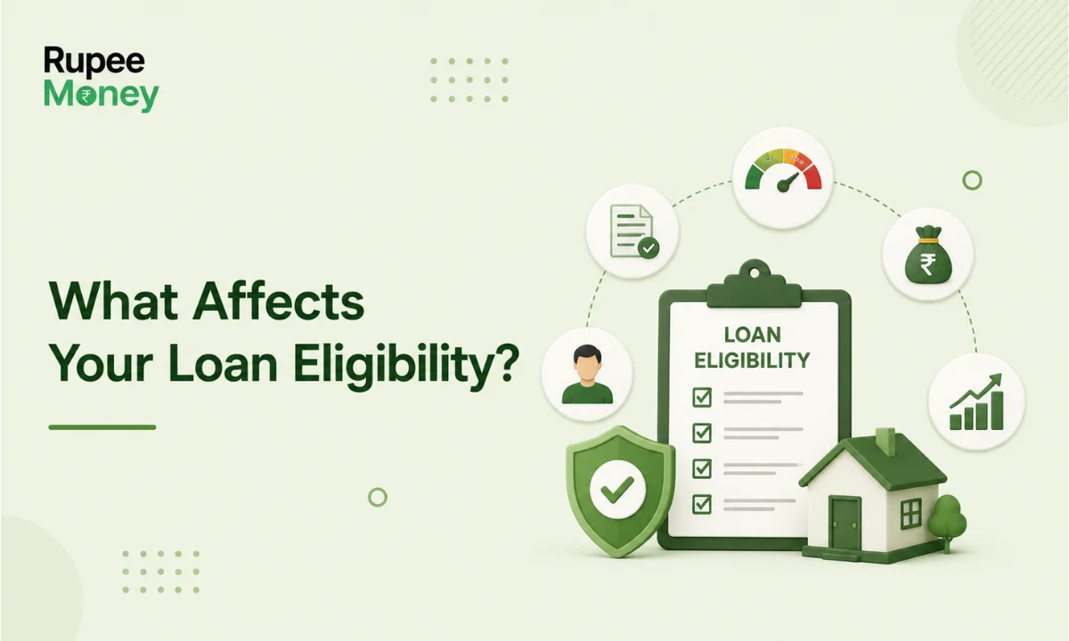 What Affects Your Loan Eligibility illustration featuring a loan eligibility checklist, credit score gauge, income verification document, financial growth chart, house, security shield, and RupeeMoney logo, explaining the key factors that influence loan approval in India.