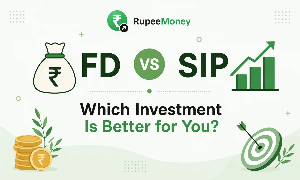 FD vs SIP comparison illustration with RupeeMoney logo, fixed deposit money bag, SIP growth chart, rupee coins, investment target icon, and the title "Which Investment Is Better for You?" helping Indian investors compare FD and SIP.