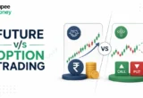 Illustration comparing futures trading and options trading with stock market charts, Call and Put contracts, price movement indicators, and investment icons to explain the differences between the two derivative trading methods that are future and option trading.