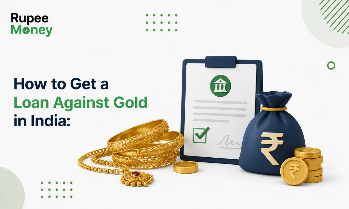 How to get a loan against gold in India illustration showing gold jewellery, loan approval document, money bag, and gold coins, explaining the gold loan application process for Indian borrowers.