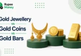 Comparison illustration of gold jewellery, gold coins, and gold bars featuring the RupeeMoney logo, highlighting different forms of gold investment and purchase options for Indian investors.