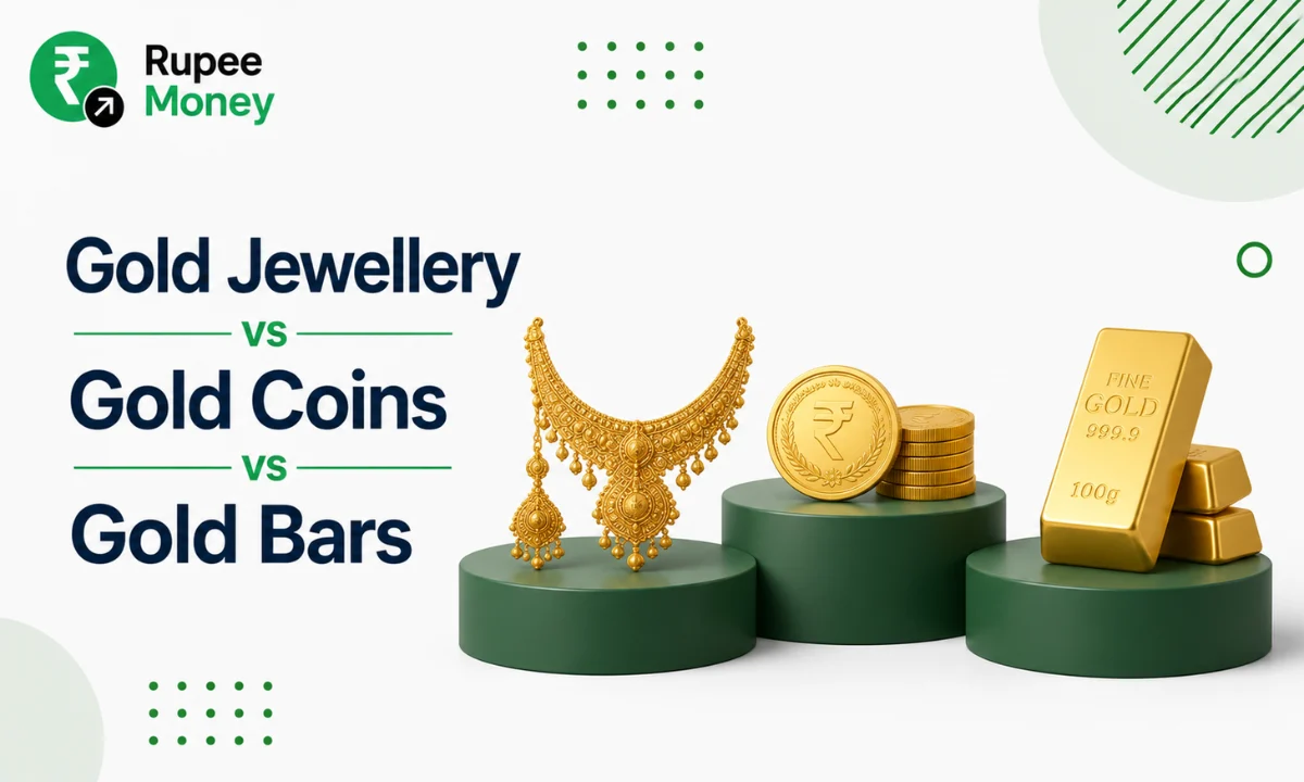 Comparison illustration of gold jewellery, gold coins, and gold bars featuring the RupeeMoney logo, highlighting different forms of gold investment and purchase options for Indian investors.
