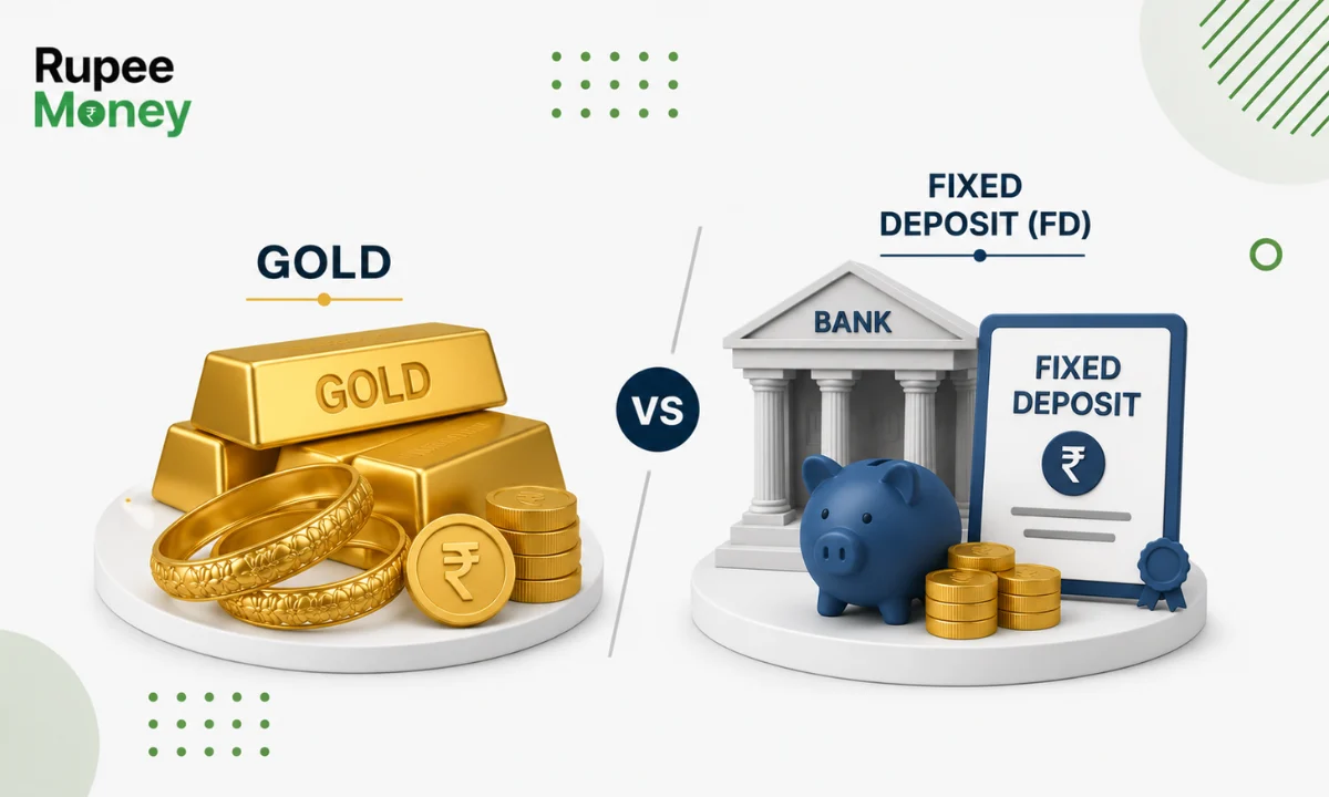 Gold vs Fixed Deposit (FD) comparison illustration showing gold bars, jewellery, coins, and a fixed deposit certificate with a bank, helping investors compare gold and FD investment options in India for 2026.