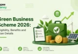 Green Business Scheme 2026 illustration featuring eco-friendly business briefcase, solar panel, wind turbine, green loan icon, rupee coins, and sustainability checklist, explaining eligibility, benefits, and loan details for green businesses in India.