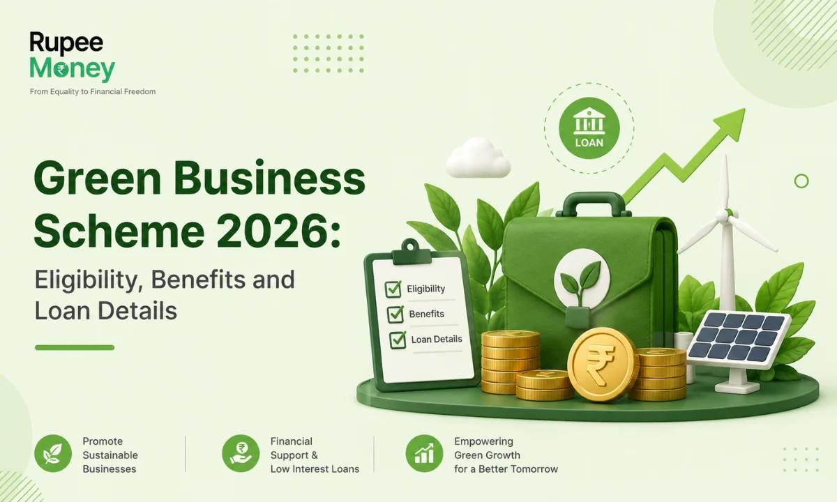 Green Business Scheme 2026 illustration featuring eco-friendly business briefcase, solar panel, wind turbine, green loan icon, rupee coins, and sustainability checklist, explaining eligibility, benefits, and loan details for green businesses in India.