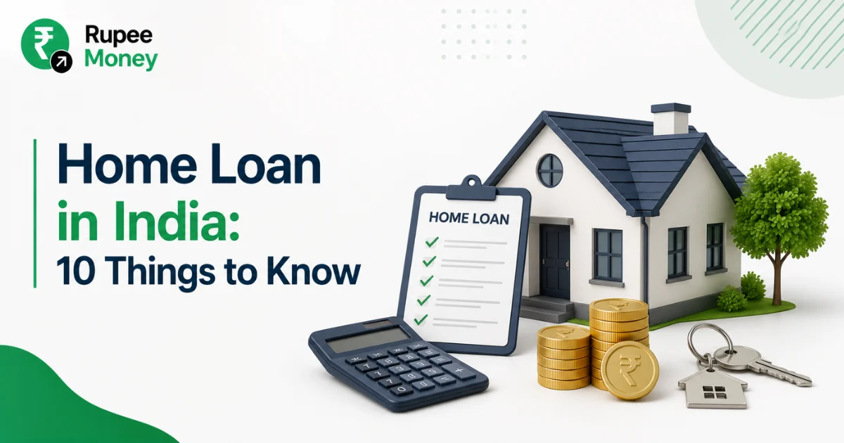 Illustration explaining home loans in India with a house, home loan checklist, calculator, keys, and rupee coins, highlighting the essential things every homebuyer should know before applying for a home loan.
