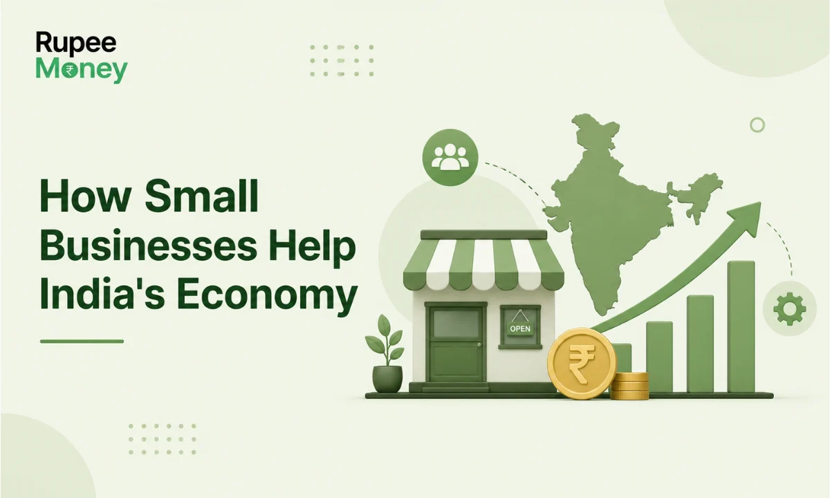 How Small Businesses Help India's Economy illustration featuring a local retail shop, India map, upward growth chart, rupee coin, and the RupeeMoney logo, representing the contribution of MSMEs and small businesses to India's economic growth.