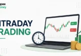 Illustration of intraday trading with a live stock price chart, buy and sell indicators, market clock, rising graph, and investment symbols representing same-day stock trading in India.