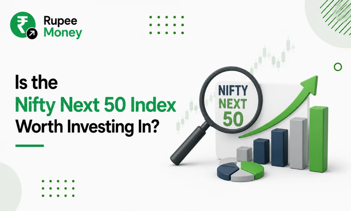 Illustration explaining whether the Nifty Next 50 Index is worth investing in, featuring the RupeeMoney logo, a magnifying glass highlighting the Nifty Next 50, upward-trending charts, and financial growth icons representing long-term investment opportunities in the Indian stock market.