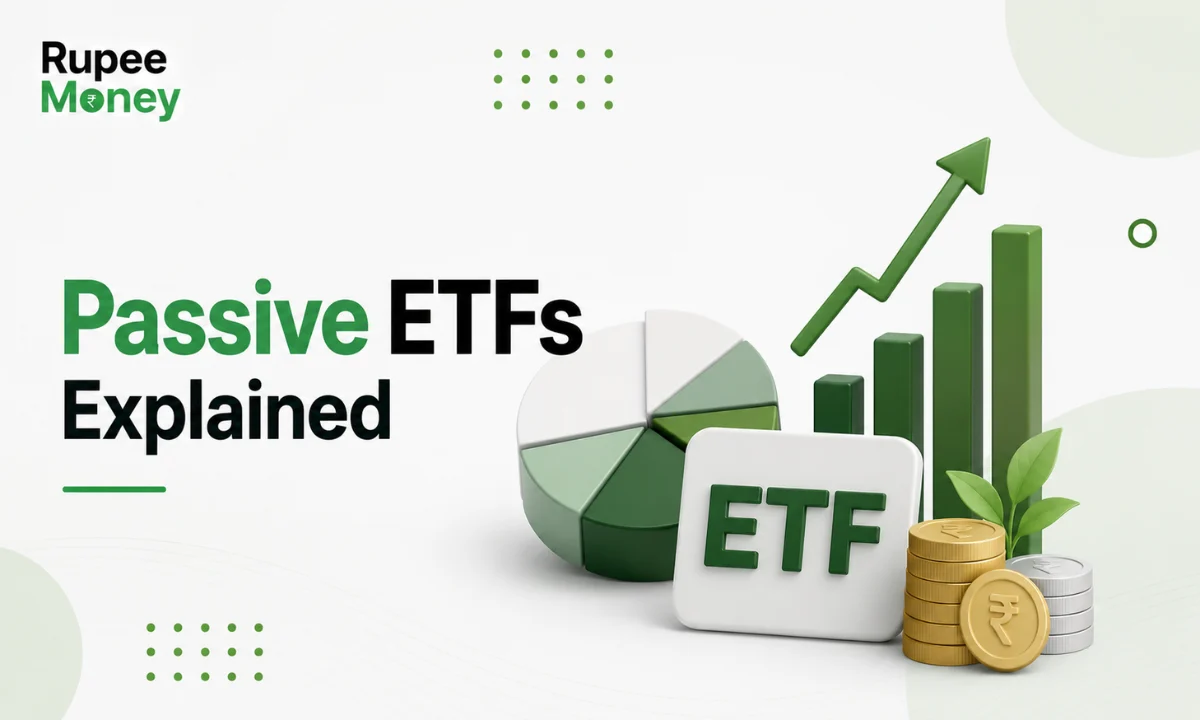 Illustration explaining Passive ETFs with a pie chart, ETF investment card, rising market graph, rupee coins, and the RupeeMoney logo, representing low-cost index investing and long-term wealth creation through passive exchange-traded funds.