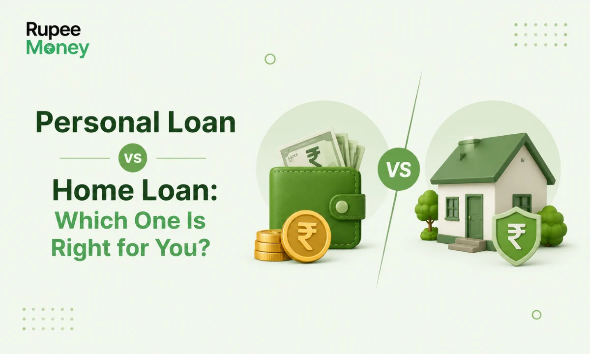 Personal Loan vs Home Loan comparison illustration featuring a wallet with cash for a personal loan, a house with a protection shield for a home loan, rupee coins, and the RupeeMoney logo, helping borrowers choose the right loan option in India.